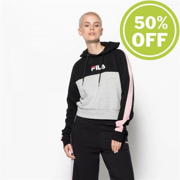 Fila Wenda Hoodie With Crew Neck Women's Sweatshirts - Black/Light Grey,NZ 67-85347